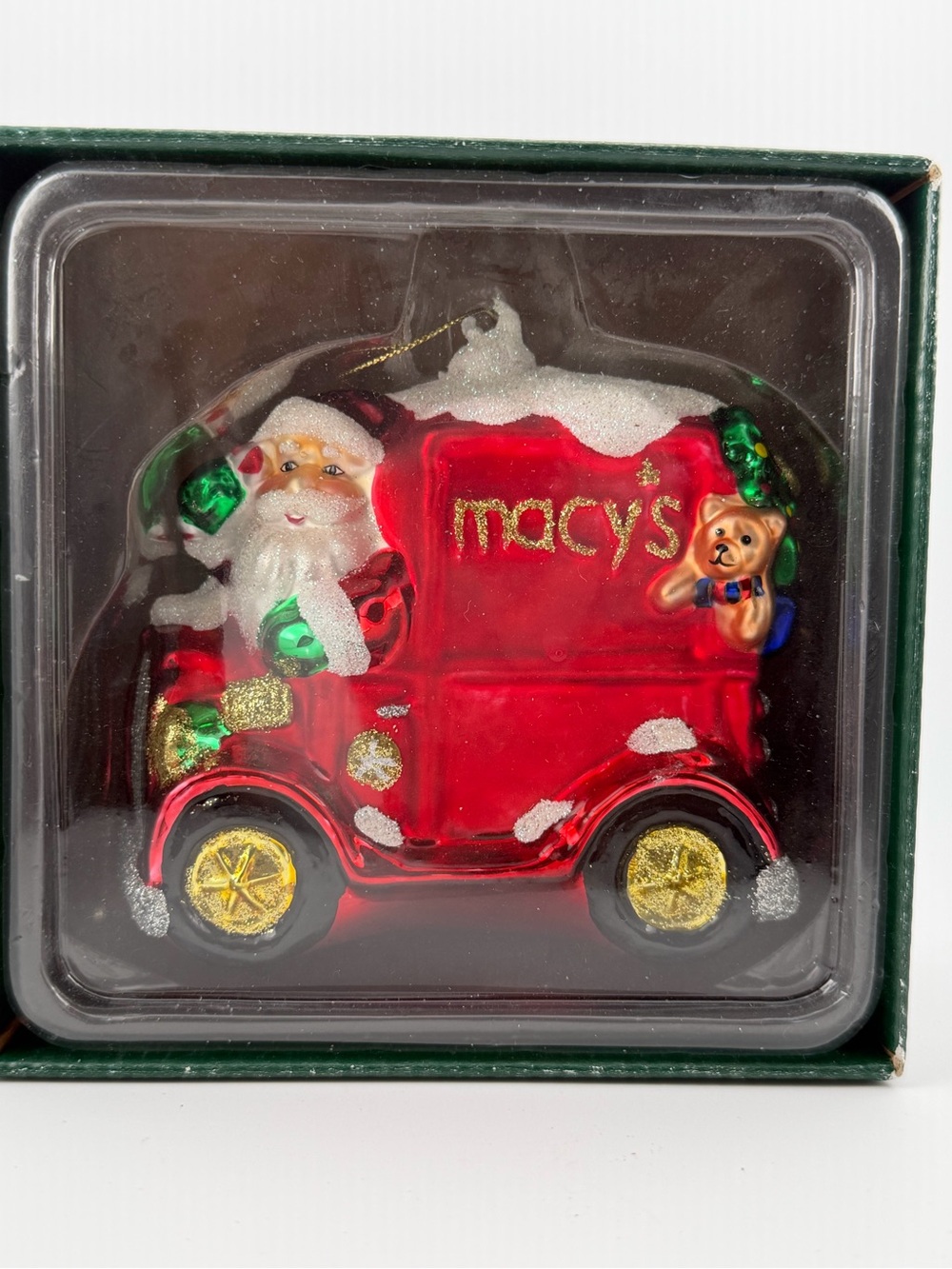 Macy's Red Santa Truck Ornament with Gold Wheels and Green Accents